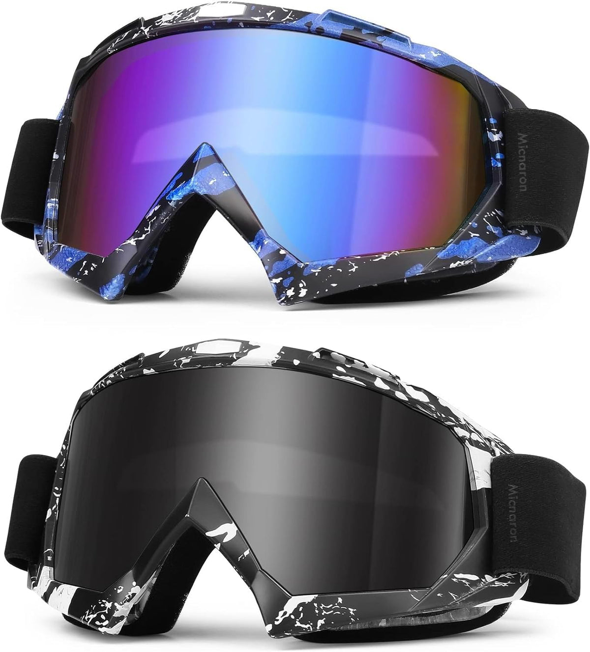 Micnaron Dirt Bike Goggles, 2-Pack Ski and ATV Goggles for Motorcycle, MX, Powersport - Men, Women, Adult, Youth Riding Racing (Grey + Blue) - PuriLite
