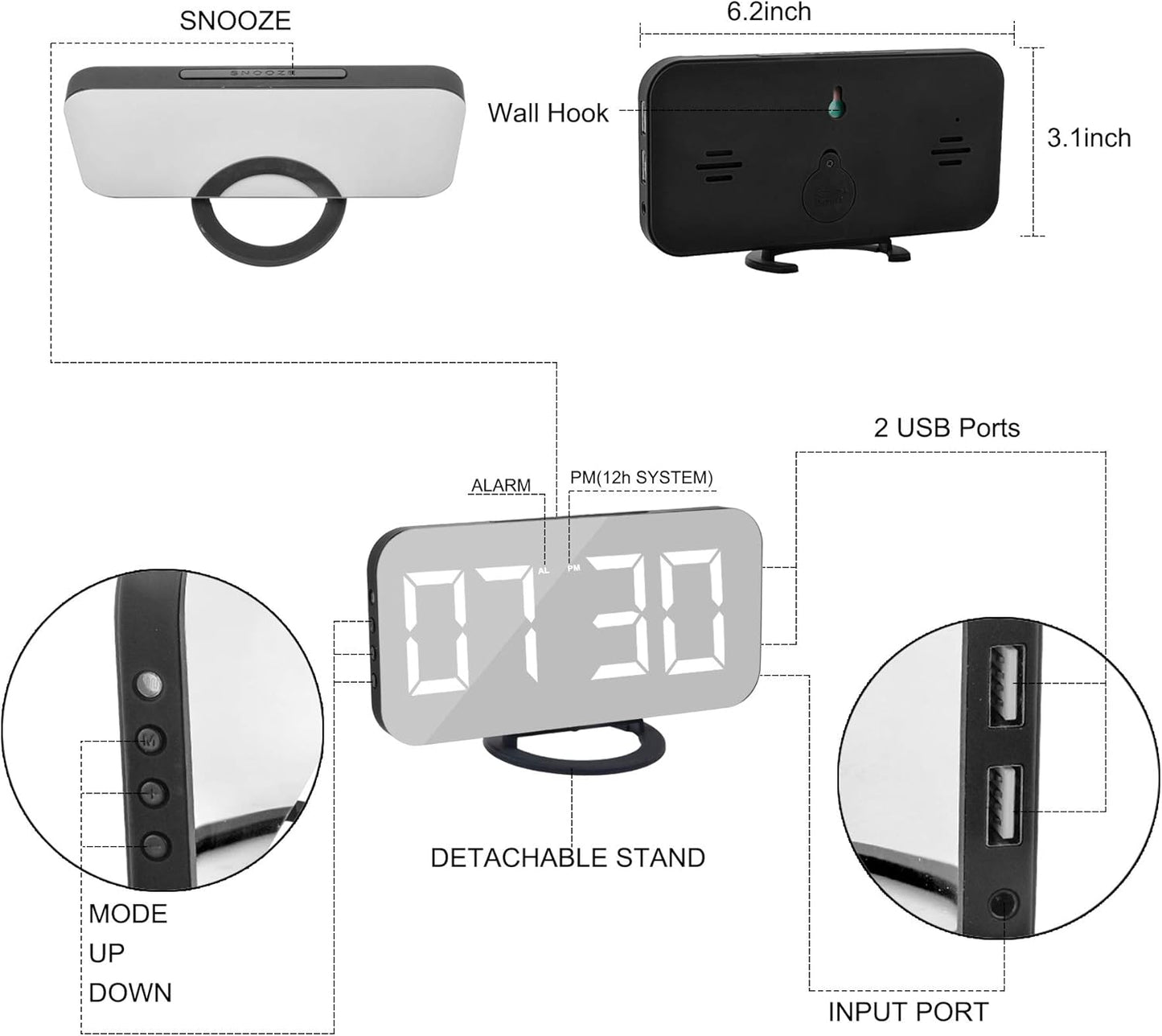 SZELAM Digital Alarm Clock,LED and Mirror Desk Clock Large Display,with Dual USB Charger Ports,3 Levels Brightness,12/24H,Modern Electronic Clock for Bedroom Home Living Room Office - Gold