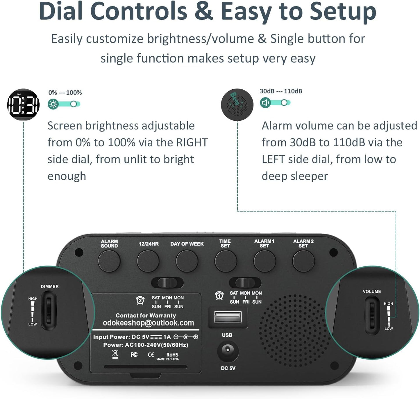 Odokee Digital Dual Alarm Clock for Bedroom, Easy to Set, 0-100% Dimmer, USB Charger, 5 Sounds Adjustable Volume, Weekday/Weekend Mode, Snooze, 12/24Hr, Battery Backup, Compact Clock for Bedside(Blue)