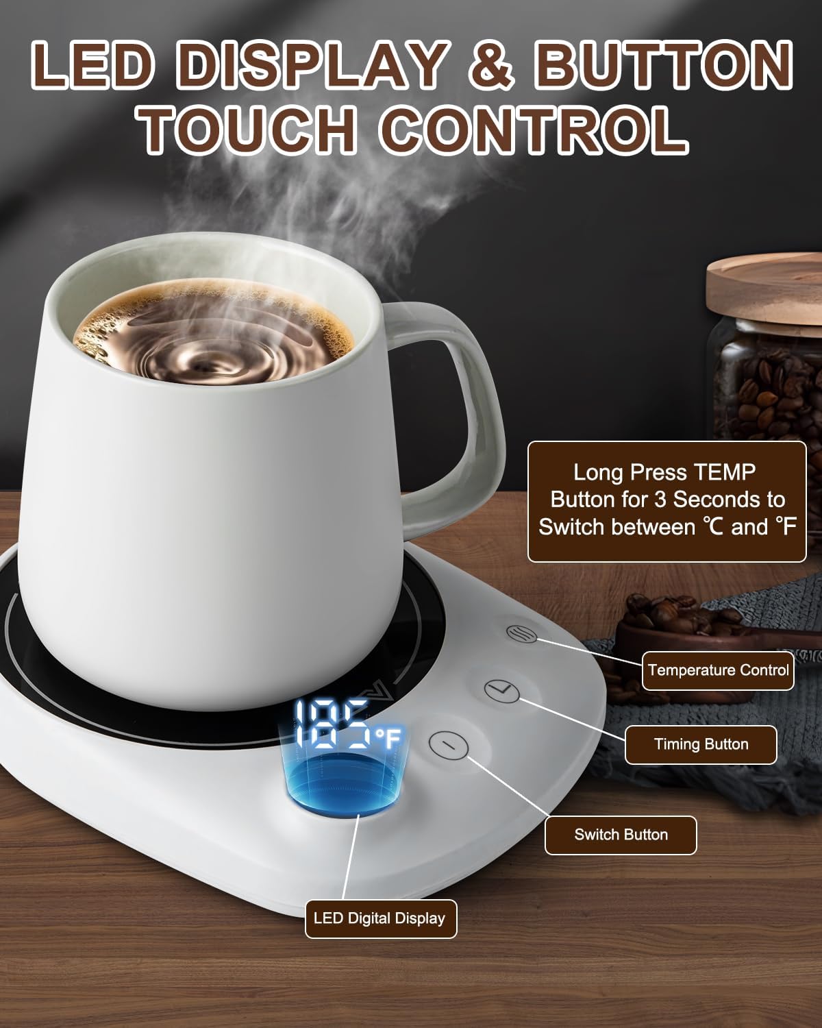 MYMULIKE Mug Warmer, Coffee Mug Warmer for Desk with 4 Temperature Settings (55℃/65℃/75℃/85℃), Coffee Warmer with Auto Shut Off, 1-12 Hour Timer, Desk Accessories for Office/Home