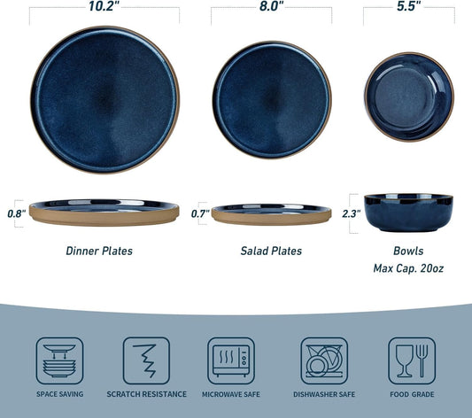 Richmount Nature Plates and Bowls Set, 18 Pieces Dinnerware Sets, Dishware Sets, Dishes Set for 6, Microwave and Dishwasher Safe, Midnight Blue