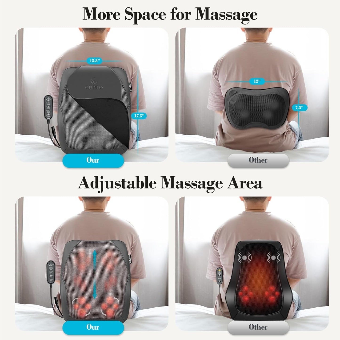 CuPiLo Shiatsu Low Back Massager with Heat, 3D Kneading Massage Pillow for Deep Tissue, Portable Rolling Lower Back Massager for Home Office, Gifts for Men Women Mom Dad
