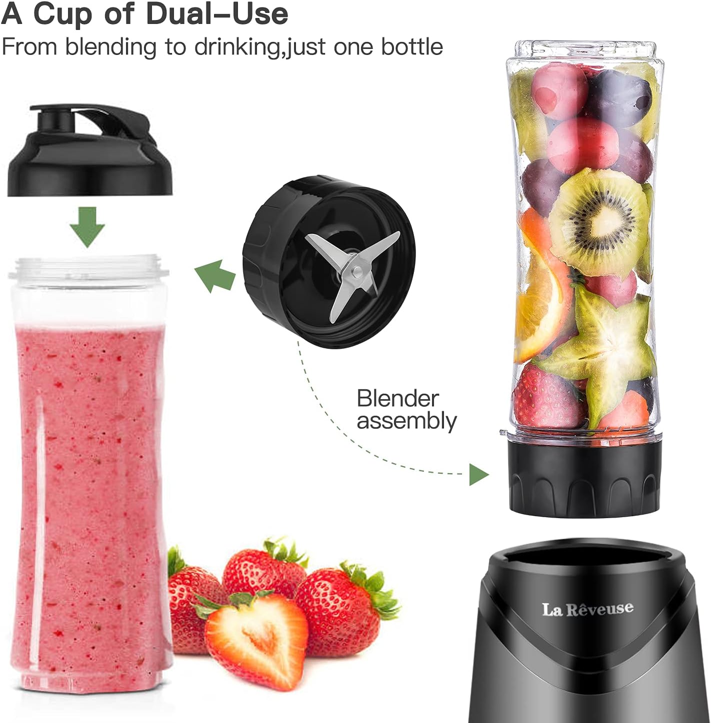 La Reveuse Smoothies Blender Personal Size 300 Watts with 2 Pieces 18 oz BPA Free Portable Travel Sports Bottles (Silver 2 Cups)