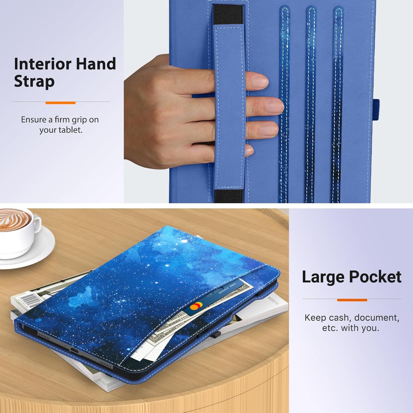 MoKo Case for Samsung Galaxy Tab A9 Plus 11" 2023 (SM-X210/SM-X216/SM-X218), PU Leather Multi-Angle Viewing Folding Stand Cover Case with Hand Strap, Front Pocket, Auto Wake/Sleep, Denim Blue & Brown