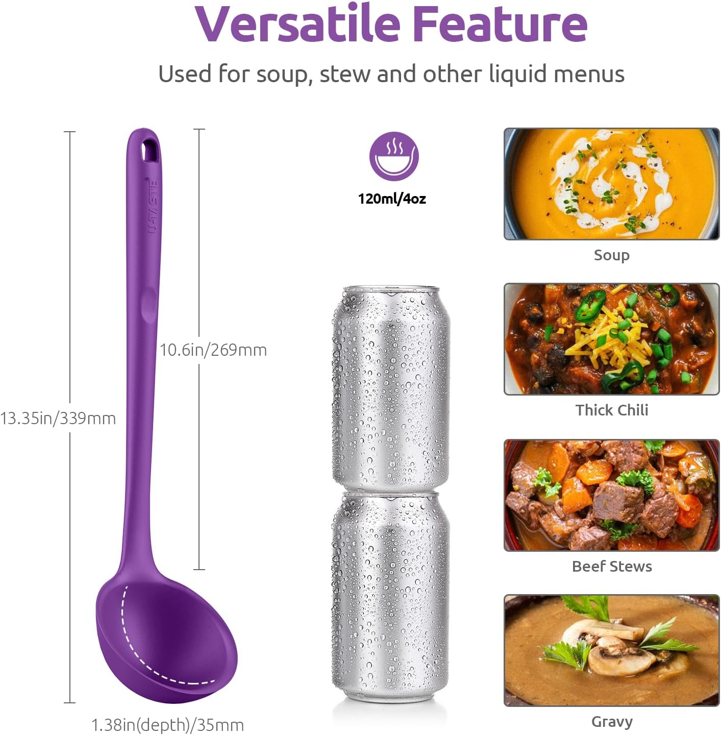 13 inch Silicone Soup Ladle: U-Taste 600ºF Heat Resistant 4 oz Large Non-Stick Seamless Rubber Kitchen Deep Serving Spoon with Non-Slip Solid Long Handle for Cooking Sauce/Stews/Gravies/Chili(Purple)