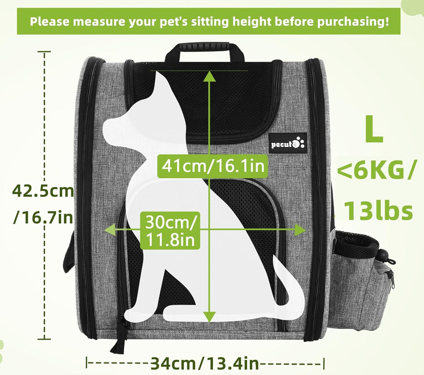 Pecute Cat Backpack with Breathable Mesh, Dog Backpack Carrier with Multi-Pockets for Cats Puppies, Pet Backpack Carrier for Travel Hiking Camping Outdoor (Gray)