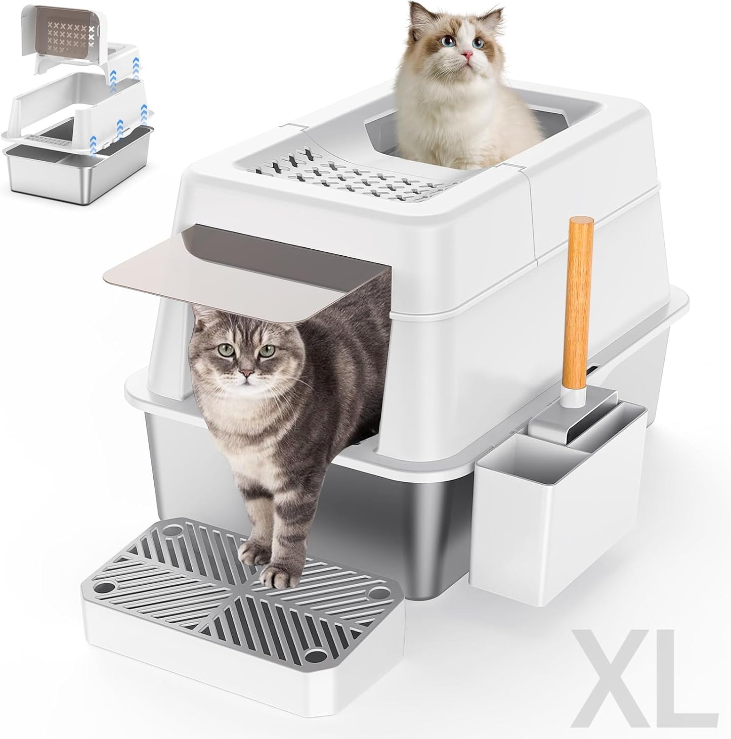 Stainless Steel Litter Box with Lid, XL Extra Large Enclosed Cat Litter Box for Big Cats 110° Flip Cover, Top Entry Metal High Sided Litter Box & Pedal & Scoop, Anti-Leakage (Grey)