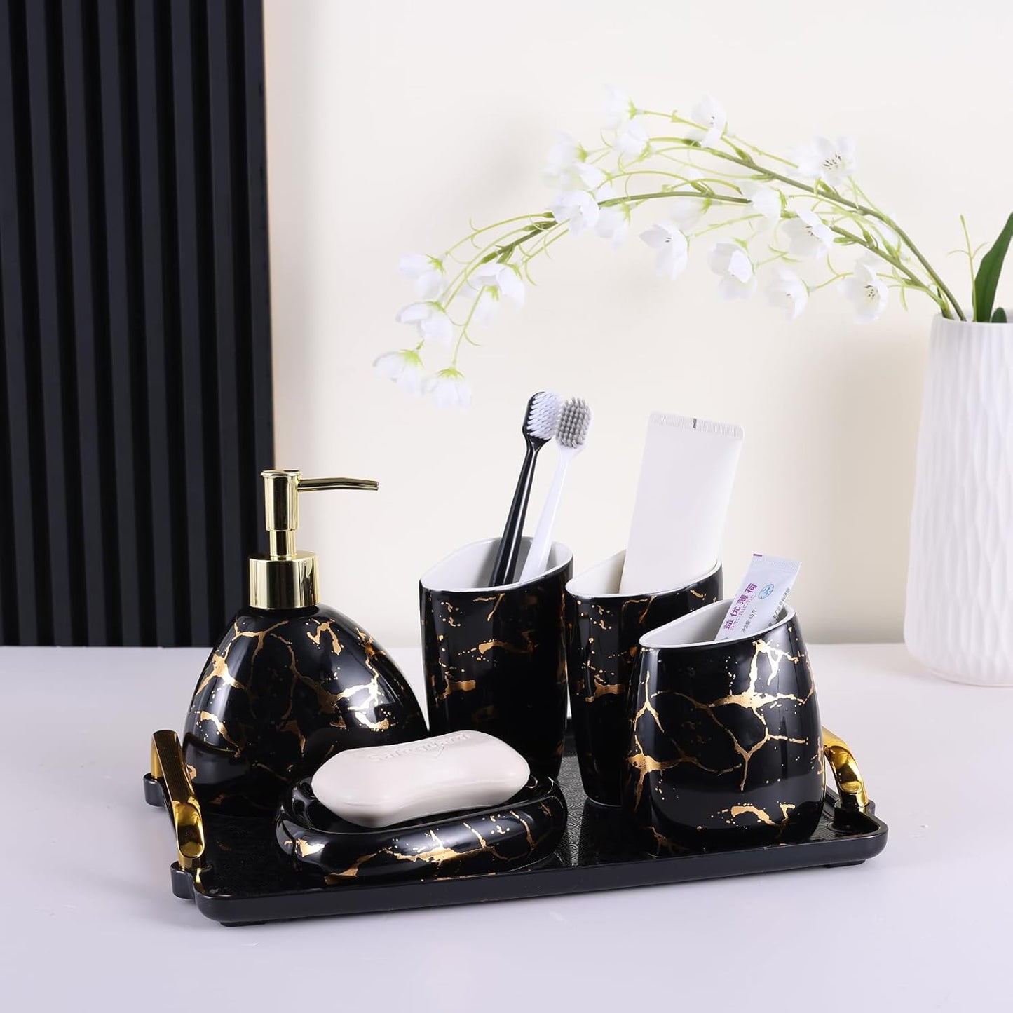 White Bathroom Accessories Set,Modern Countertop Bathroom Decor,Luxury 6 Piece Bathroom Accessory Set,Complete with Soap Dispenser,Toothbrush Holder,Tumbler,Tray
