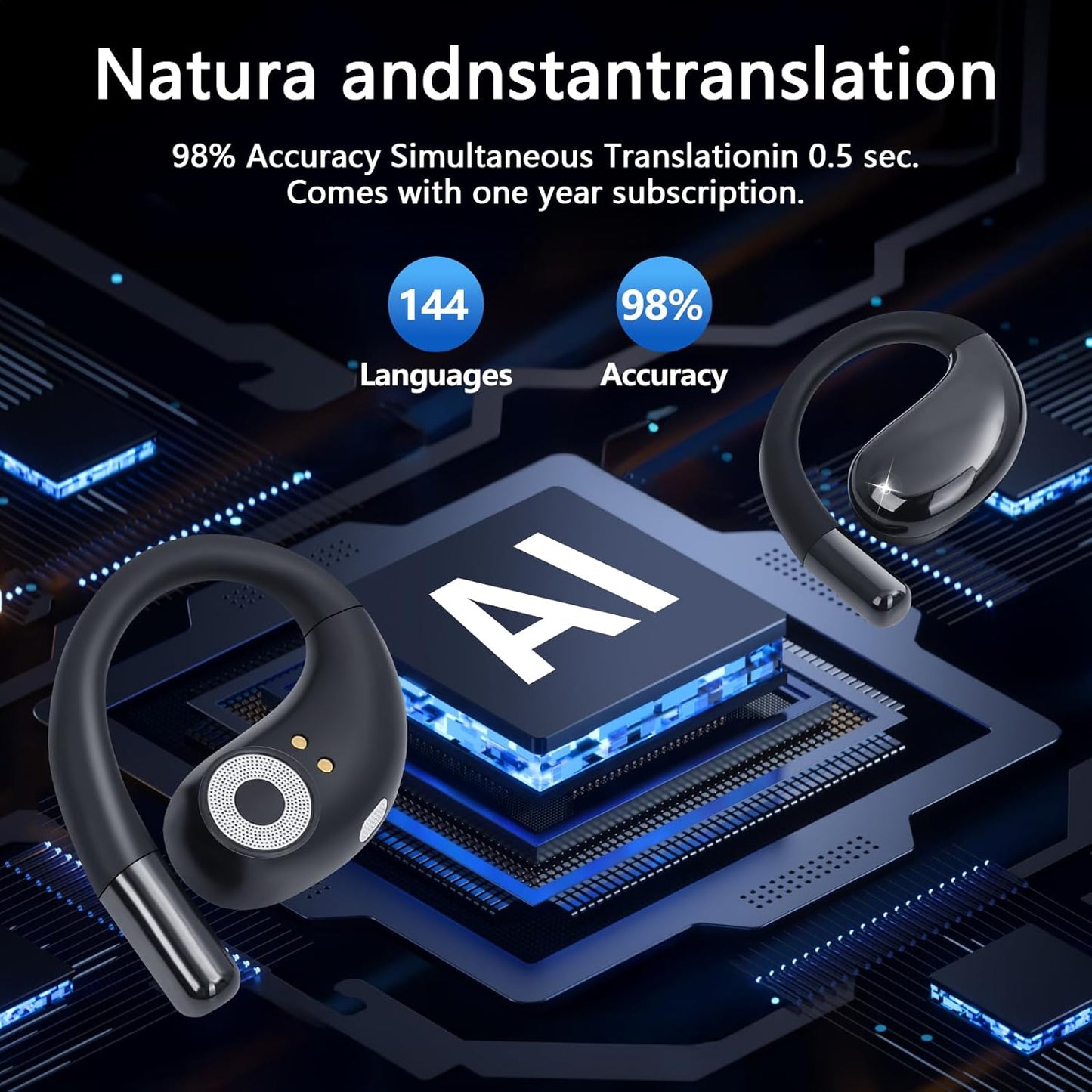 AI Language Translation Earbuds, Real-Time Translator for 164 Foreign Languages & Accents Includes Free Subscription Translation Device Earphones for Travel Business Learning, Black