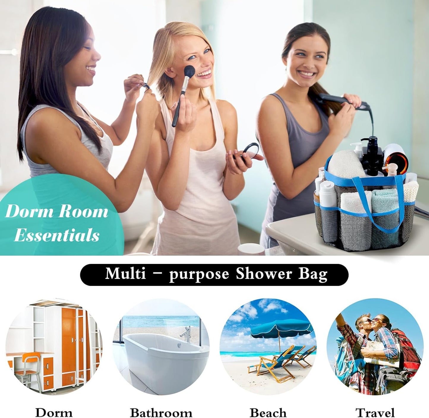 Attmu Mesh Shower Caddy Portable for College Dorm Room Essentials with 8 Pockets, Hanging Shower Caddy Basket Tote Bag Toiletry Accessories for Bathroom