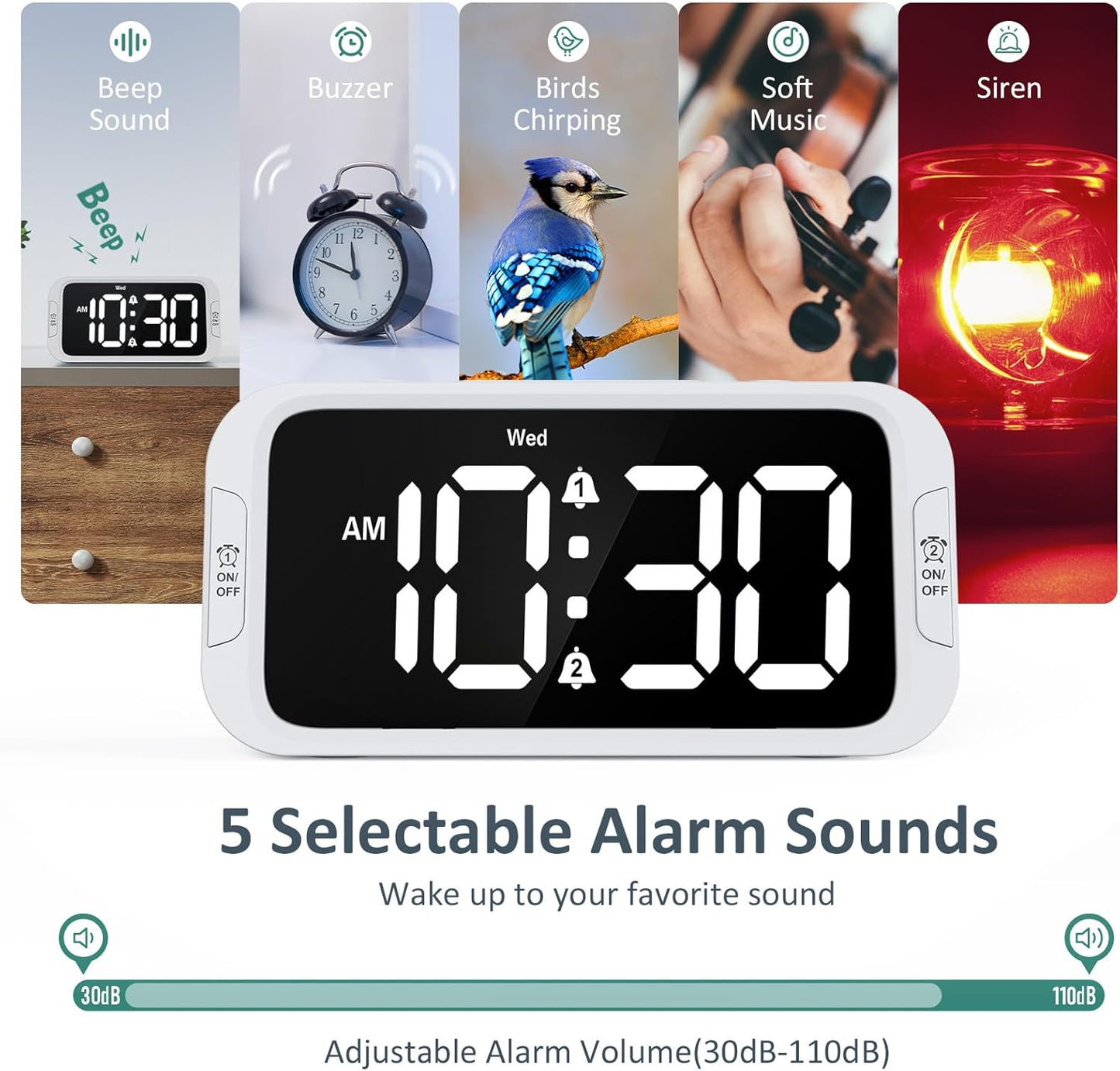Odokee Digital Dual Alarm Clock for Bedroom, Easy to Set, 0-100% Dimmer, USB Charger, 5 Sounds Adjustable Volume, Weekday/Weekend Mode, Snooze, 12/24Hr, Battery Backup, Compact Clock for Bedside(Blue)