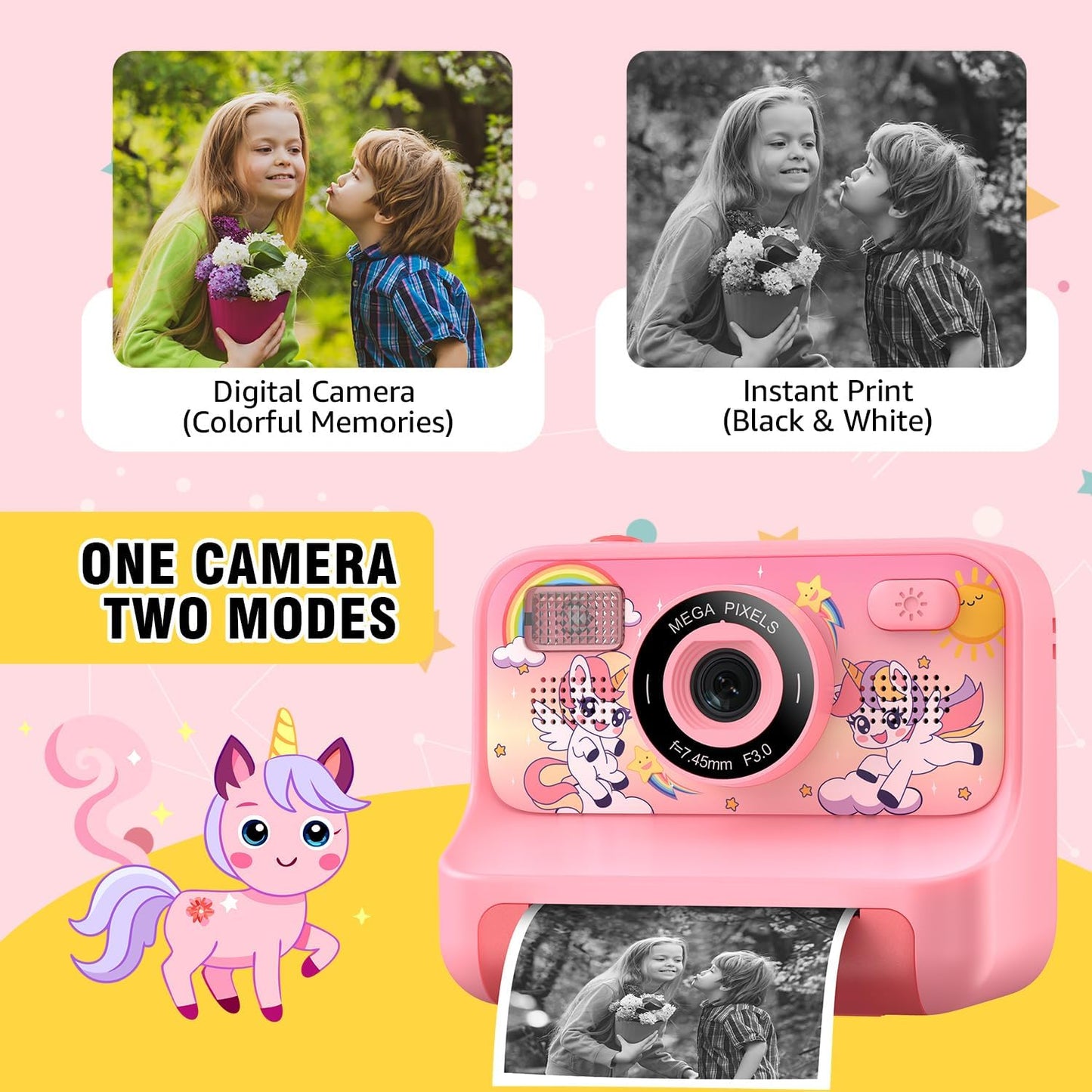 Instant Print Camera for Kids Age 3-12 Girls Boys 1080P Selfie HD Digital Video Cameras with 6 Print Paper & 32G Card Toddler Portable Travel Toys Camera for Christmas Birthday Gifts
