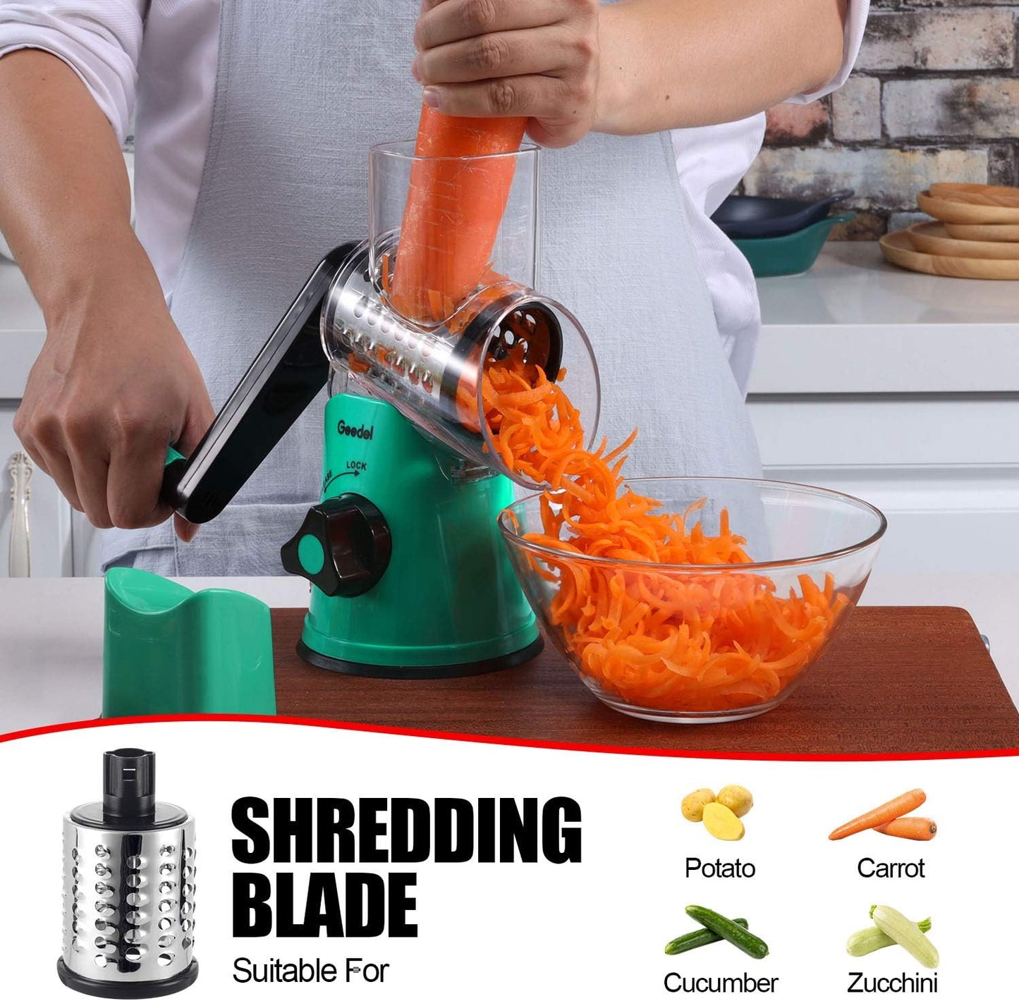 Geedel Kitchen Cheese Grater, Rotary Mandoline Vegetable Slicer with Interchangeable Blades, Easy to Use Rotary Grater Slicer for Fruit, Vegetables, Nuts