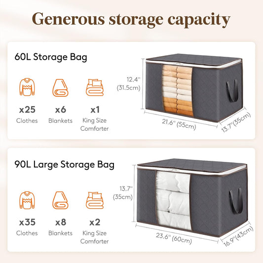 Large Fabric Clothes Storage Bags with Clear Window – Foldable Underbed Storage Containers for Clothing, Blankets and Closet Organization (6 Pack, Grey) - PuriLite