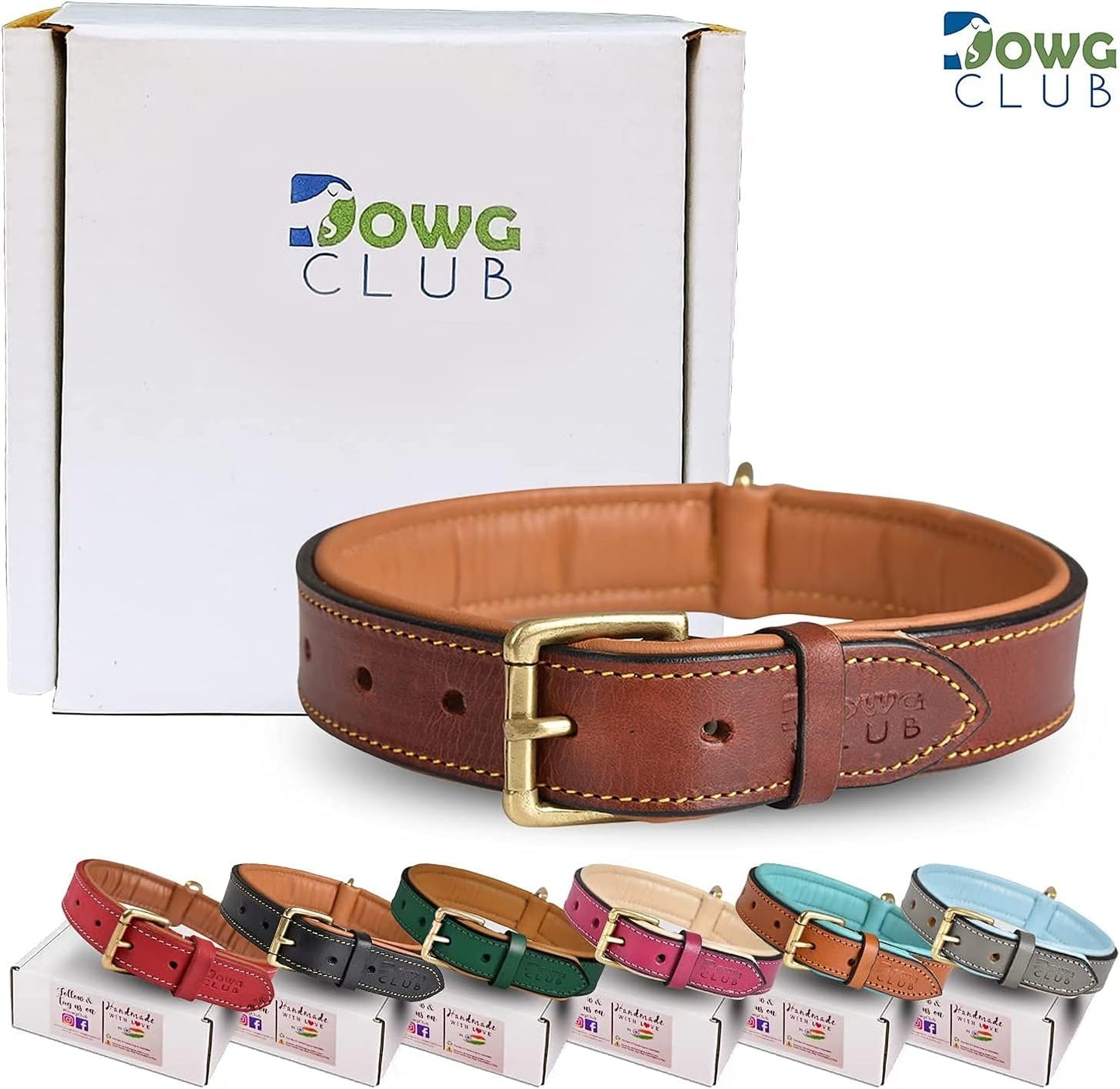 DowgClub | Genuine Leather Dog Collar | Full Grain, Heavy Duty | Comfortable, Strong | Best for Pups, Small, Medium & Large Breeds | Pink, Brown, Black, Tan