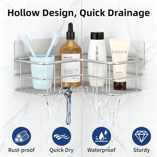 Menbyci 2 Pack Corner Shower Caddy, Adhesive Bathroom Shelf with 8 Hooks, Rustproof Stainless Steel Bathroom Organizer, No Drilling Shower Shelves Basket Wall Storage Rack Shampoo Holder (Silver)