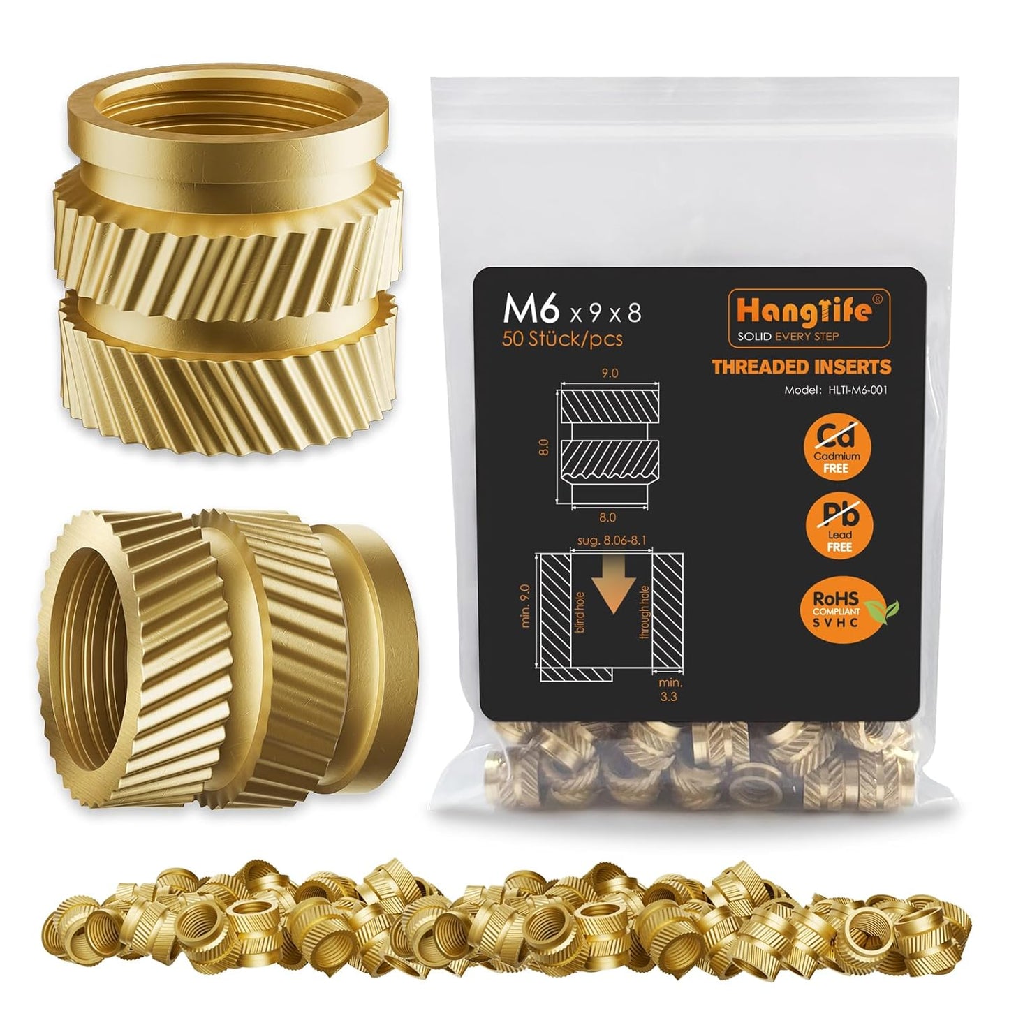 HANGLIFE Heat-Set Threaded Inserts, M3 Heat Set Insert for 3D Printing Components and Plastic Parts - Brass Metric Knurled Nuts (100 Pieces)