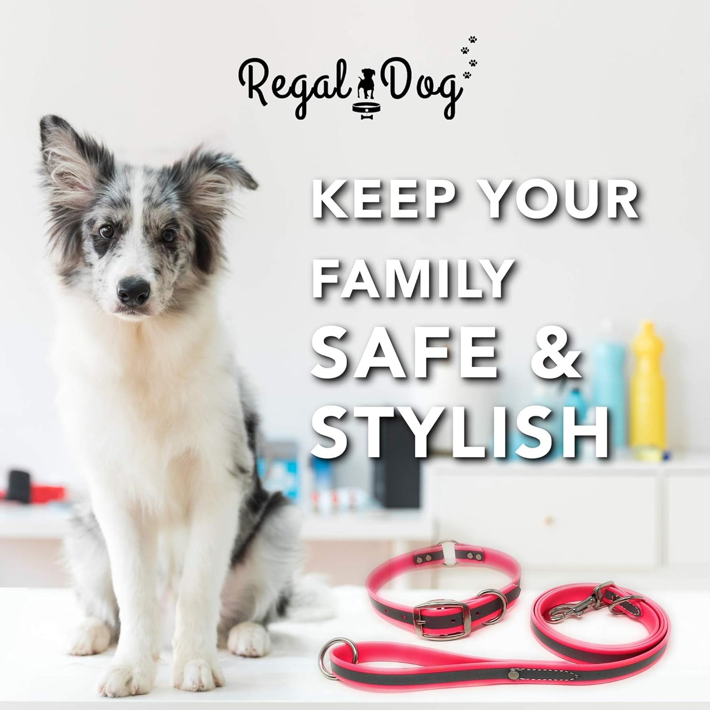Regal Dog Products Large Pink Heavy Duty Reflective Dog Collar with Center Ring, Metal Buckle and D Ring | Anti-Odor Adjustable Biothane Waterproof Dog Collar | Other Sizes for Small & Medium Dogs