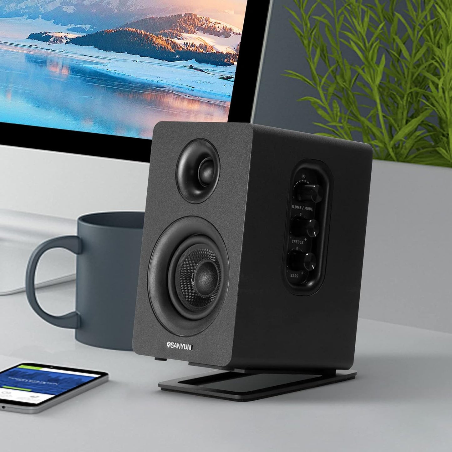 Sanyun SW208 3" Active Bluetooth 5.0 Bookshelf Speakers – 60W Carbon Fiber Speaker Unit - Built-in 24bit DAC - Dynamic 3D Surround Sound – 2.0 Computer PC Monitor Gaming Speakers (Pair, White)