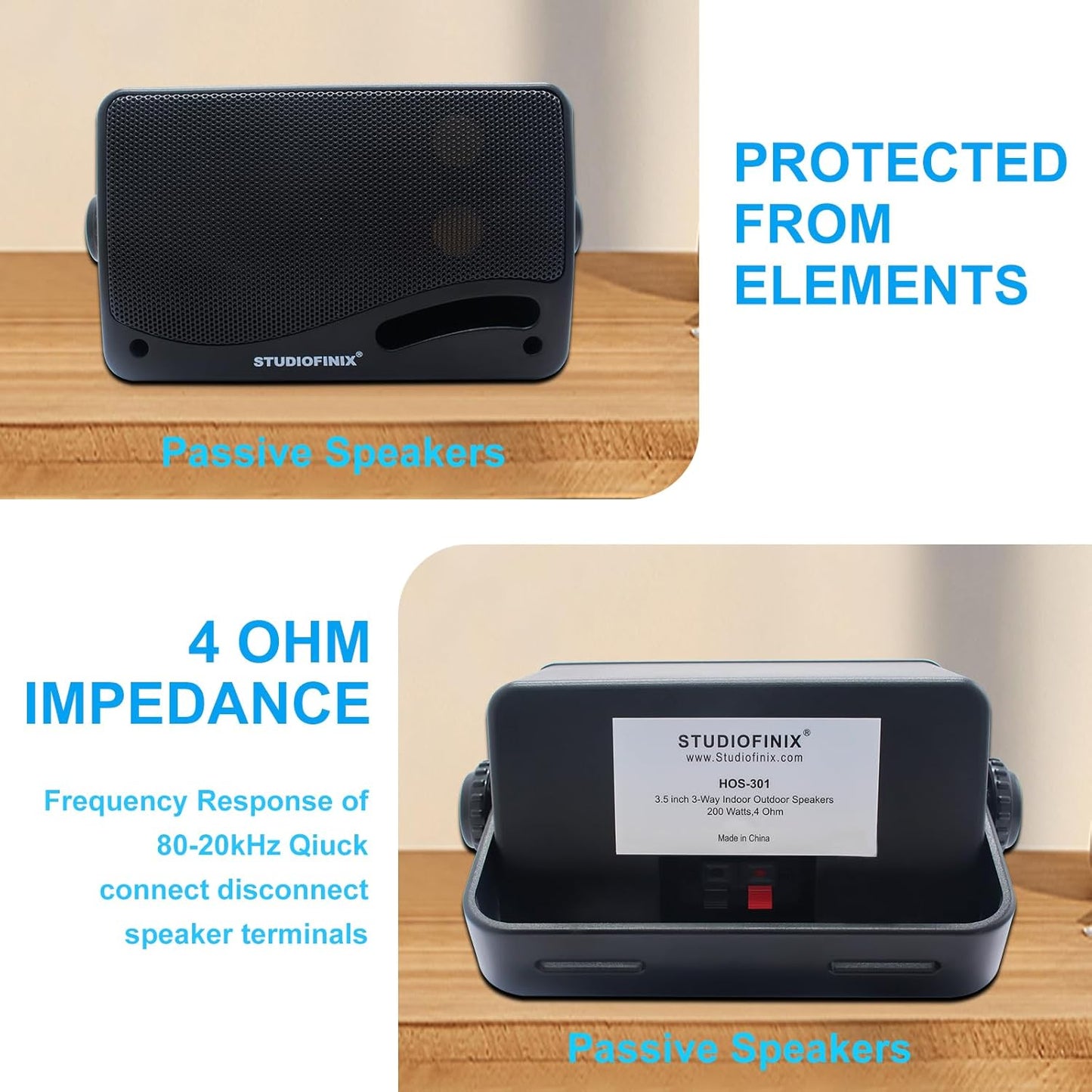 STUDIOFINIX Waterproof Outdoor Speakers Passive Wired-3.5 Inch 3 Way 200W Surface Marine &Wall Mount Speakers- Heavy Duty ABS Grill, Suitable for Home, Boat, Poolside, Patio, Indoor Outdoor Use(Black)