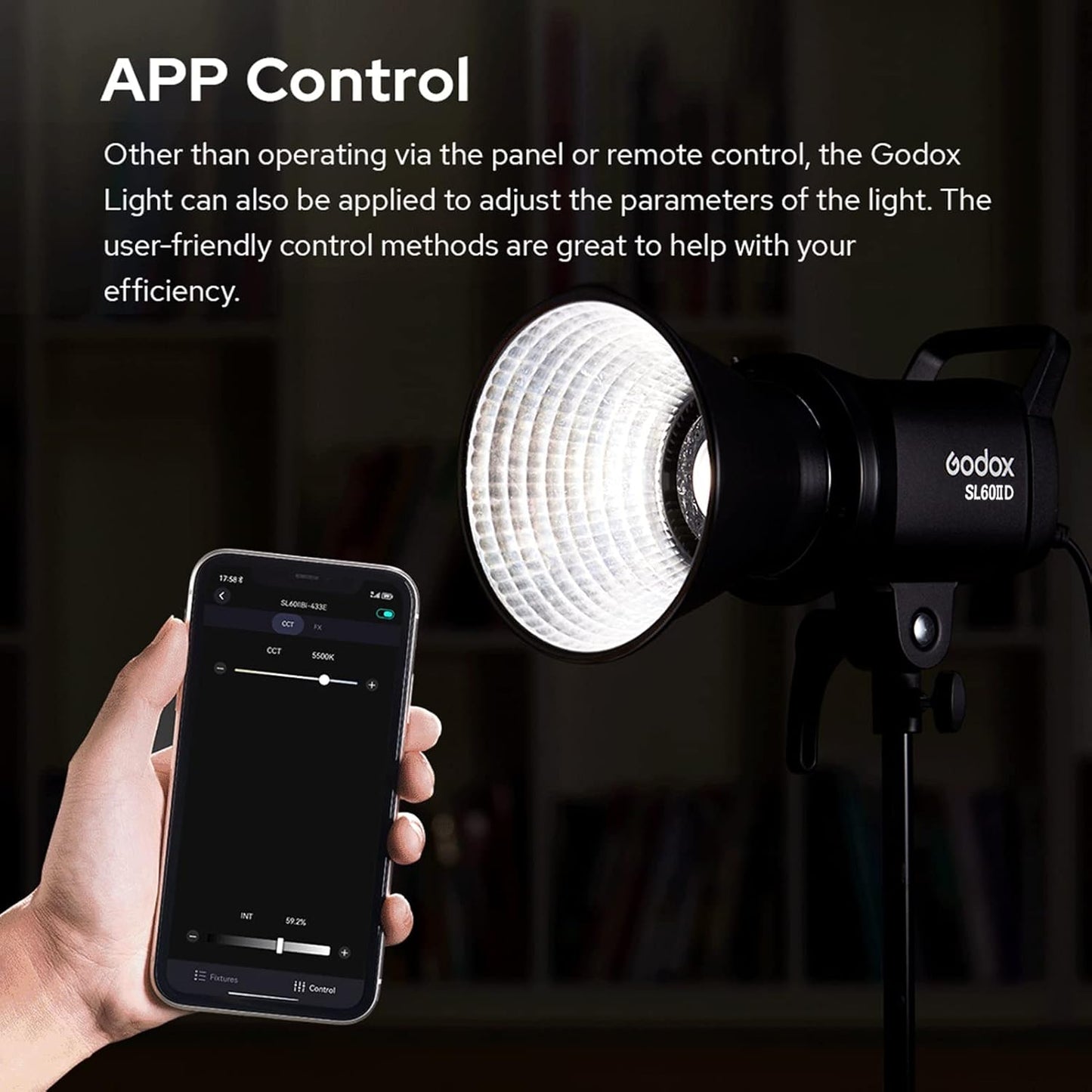 Godox SL60IID Portable Studio LED Video Light 70W Photography Fill Light 5600K±200K Built-in 8 FX Lighting Effects Bowens Mount APP/2.4G Wireless/On-Board Control for Home Studio