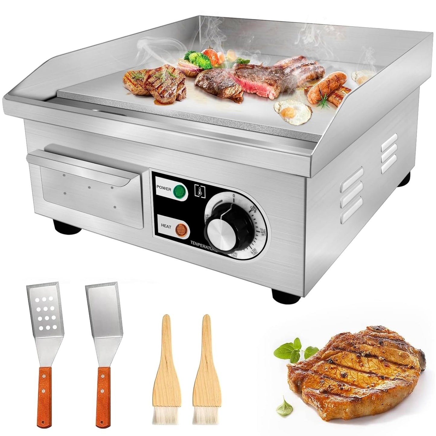 ExGizmo 22" Commercial Electric Griddle,Electric Countertop Flat Top Griddle,110V 1600W Electric Flat Top Grill,Non-Stick Restaurant Teppanyaki Stainless Steel Grill,Adjustable Temperature Control