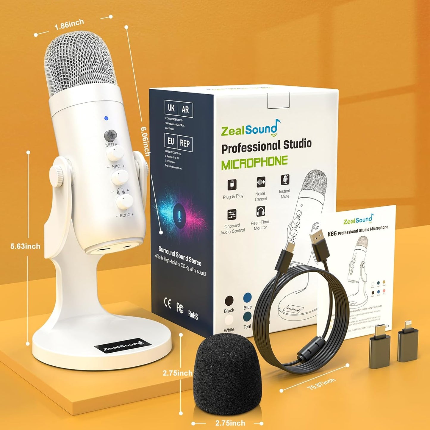 ZealSound USB Microphone,Condenser Phone Computer PC Mic kit,Plug&Play Gaming Microphones for PS 4&5.Mic Gain&Volume Control,Echo &Mute Button for Vocal,Record,Streaming,Discord YouTube Podcast on Mac