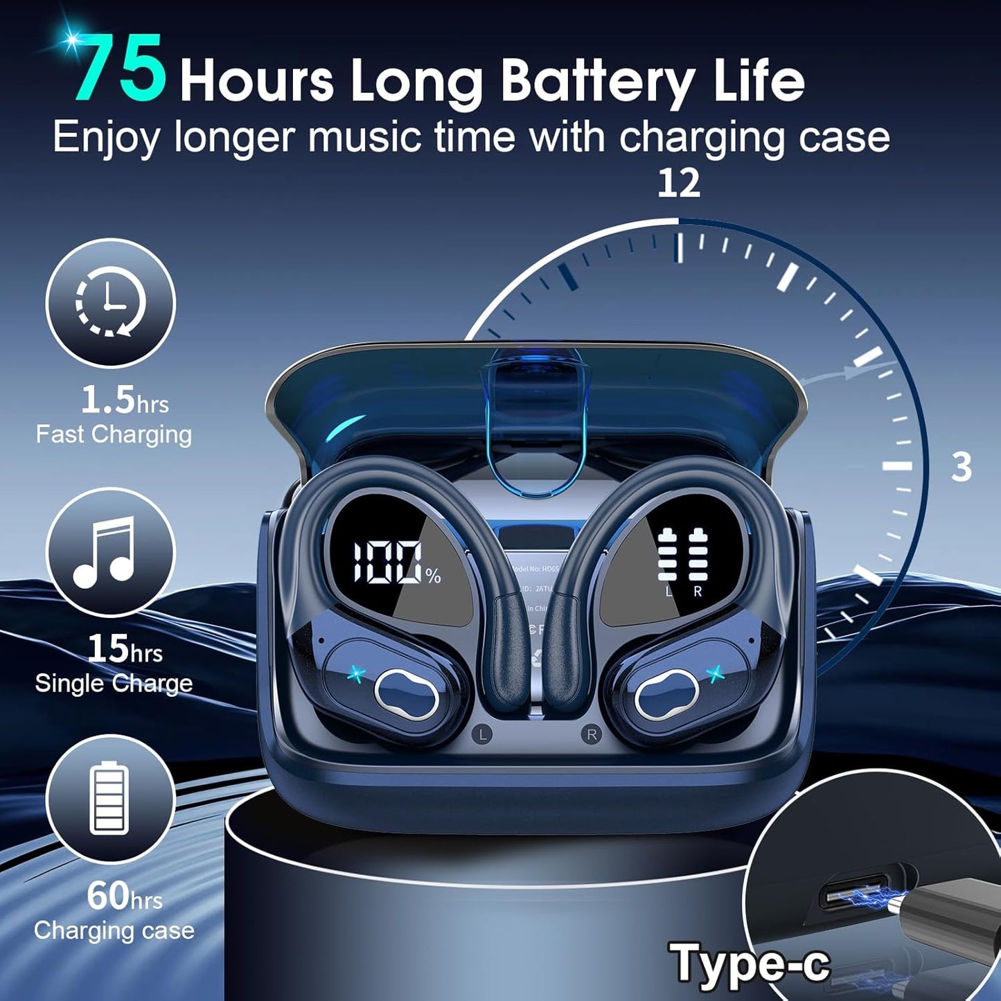 STECEi Wireless Earbuds 75hrs Bluetooth 5.4 Headphone Sport, Bluetooth Earbuds HiFi Stereo Over Ear Bud with Earhooks, ENC Noise Cancelling Mic, IP7 Waterproof Wireless Earphone for Workout/Running