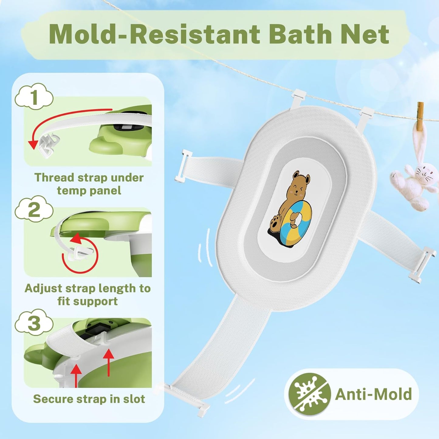 AVIDOR Baby Bathtub, Collapsible Baby Tub for Newborn to Toddler 0-18 Months, Foldable Infant Bathtub with Bath Net, Bear Grey