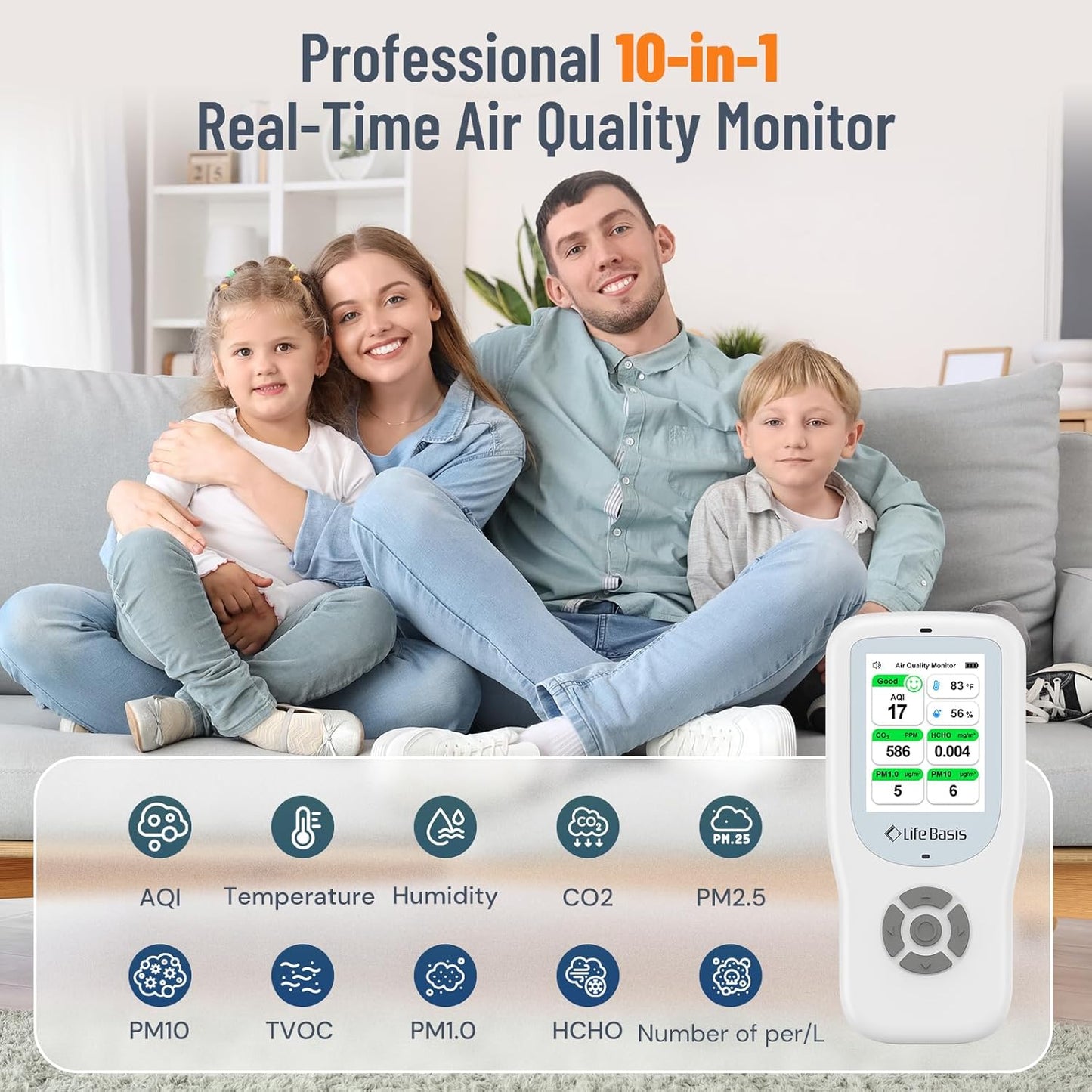 LifeBasis Air Quality Monitor Indoor, 10-in-1 Air Quality Detector with Stand, Real-Time Air Meter Test AQI, PM1.0, PM2.5, PM10, CO2, TVOC, HCHO, Particles, Temperature and Humidity with Alert -Black