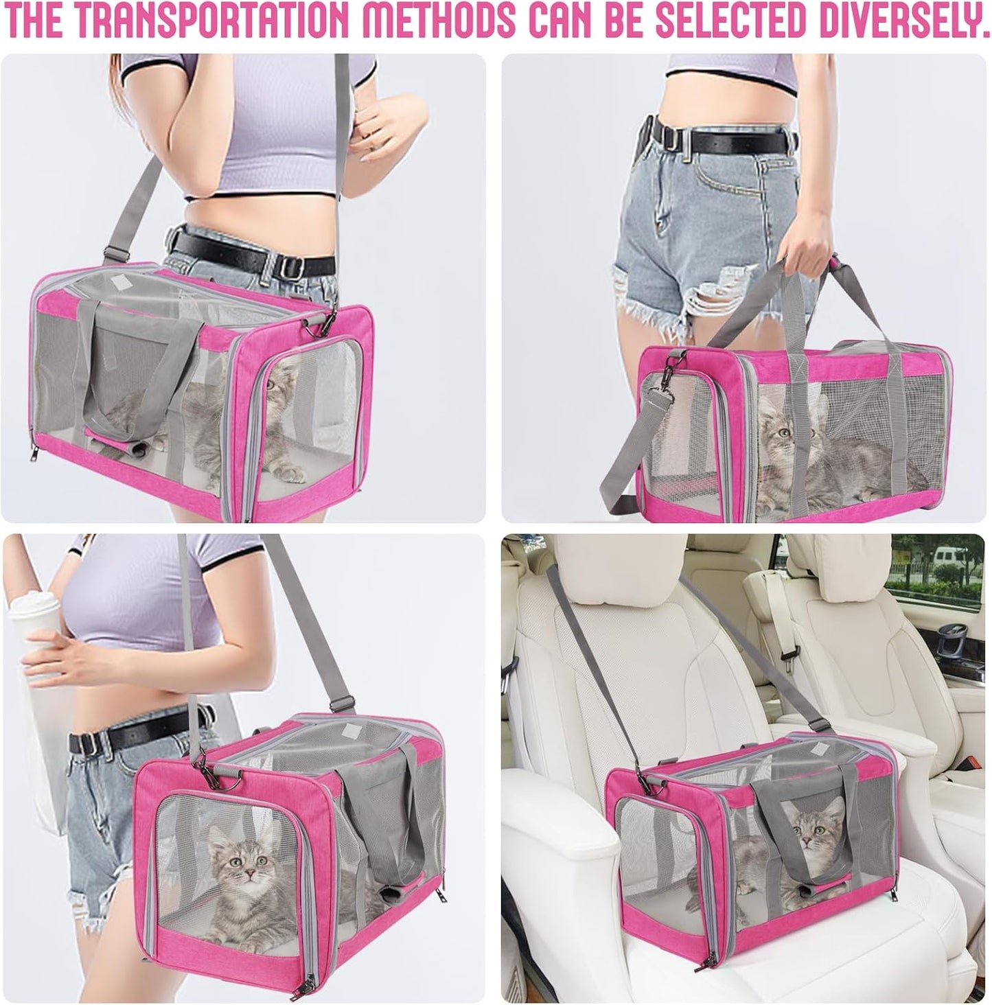 Pet Carrier for Large Cats of 20 Lbs, Collapsible Carrier Bag for Big Cat or 2 Kittens,Soft Sided Puppy Carrier with Sturdy Travel Transport Strap, Adequate Ventilation, 4 Mesh Windows (Blue)