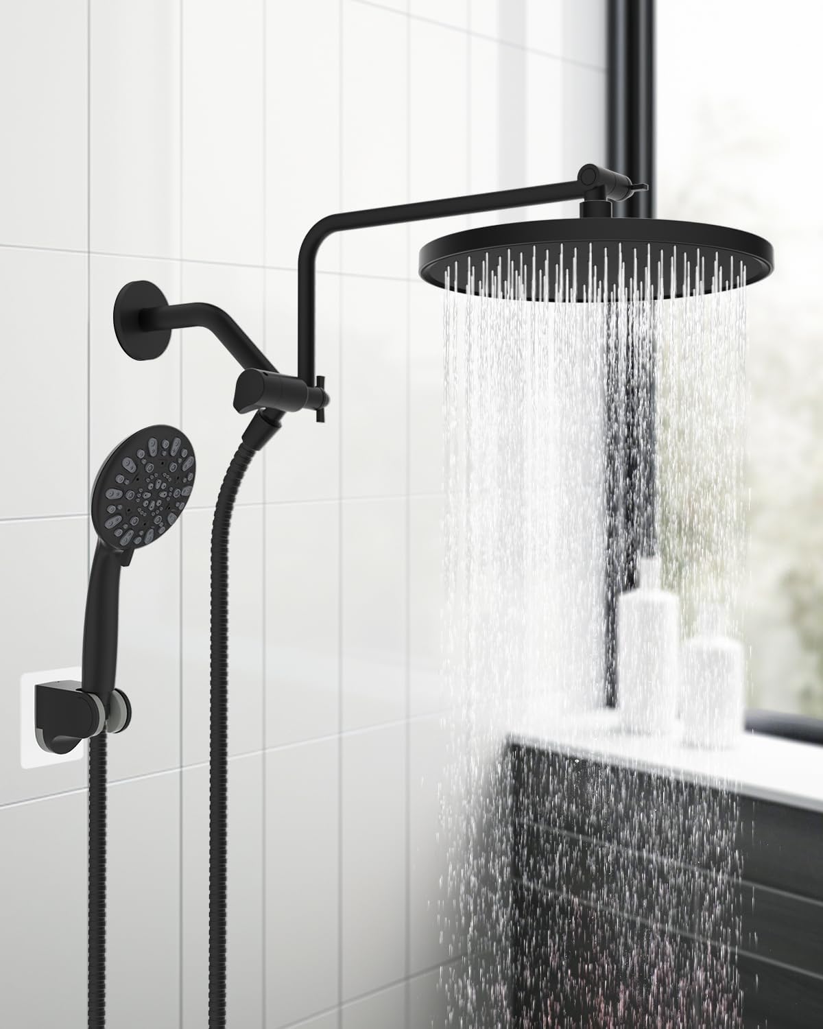 Metal Thickness Shower Head, 10'' High Pressure Rainfall Shower Head/Handheld Showerhead Combo with 12'' Adjustable Shower Extension Arm, 7-Spray, 71'' Hose, Showerhead Holder, Matte Black