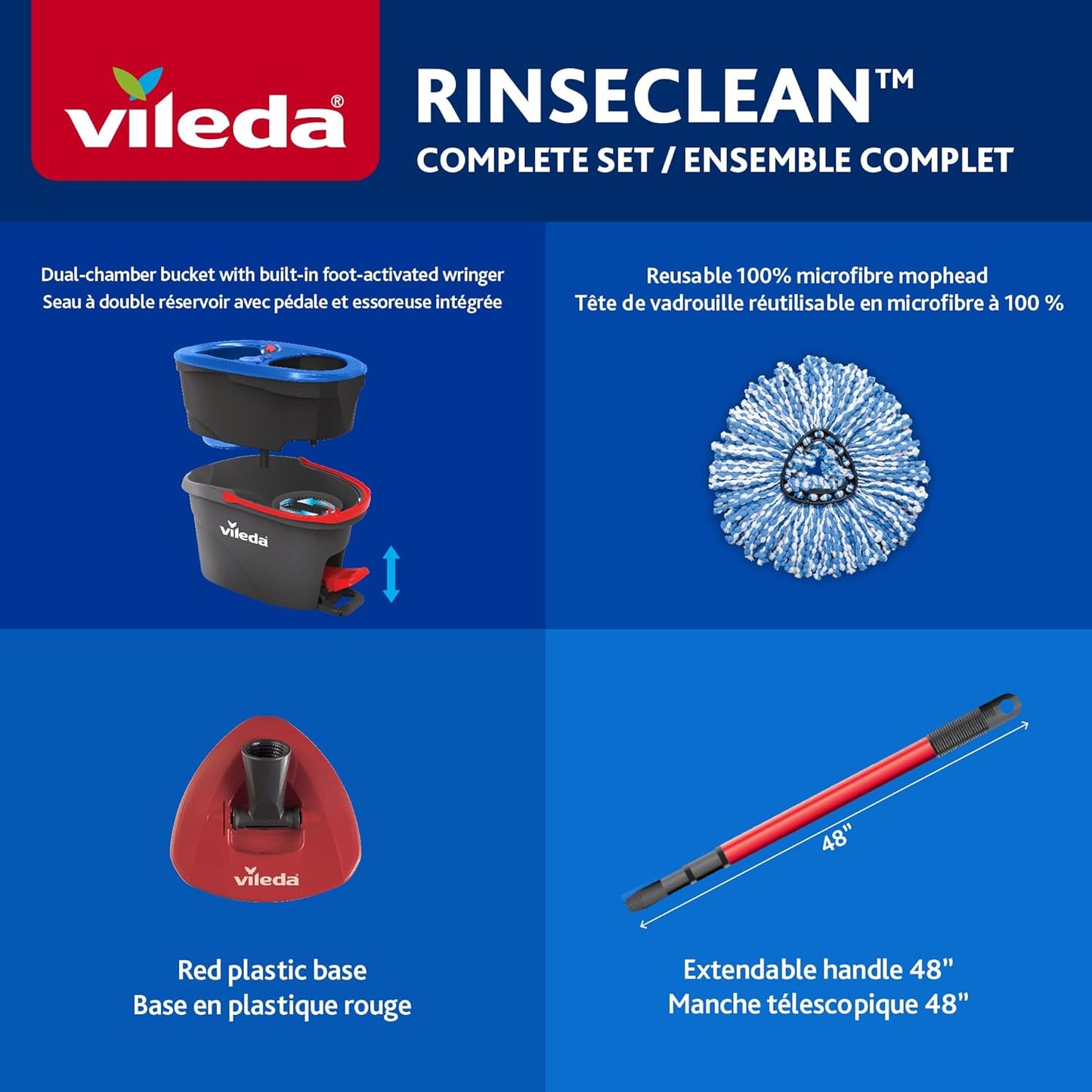 Vileda RinseClean Spin Mop & Bucket System | 2-Tanks Separate Clean and Dirty Water | Machine Washable and Reusable Microfibre Mop Head Replacement | Hands-Free Wringing Bucket