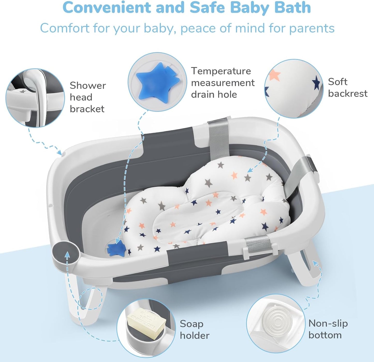 DEANIC Collapsible Baby Bathtub for Newborns, Portable Infant Bathtub with Soft Bath Cushion Support for 0-24 Months, Toddler Bath Tub with stand Indoor Travel (Grey)