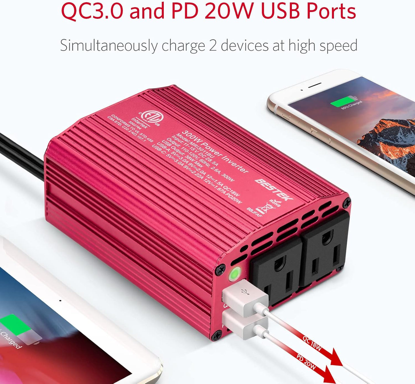 BESTEK 300W Car Power Inverter with 20W PD USB C and QC3.0 Quick Charging, DC 12V to 110V AC Car Plug Adapter Outlet Converter Multi-Protection Car Charger Power Inverter for Laptop Computer