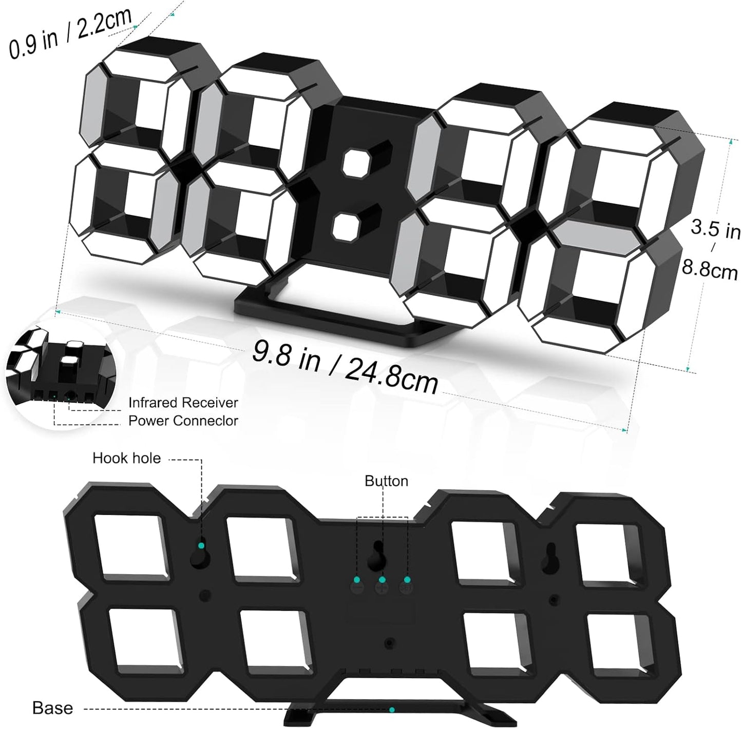 Deeyaple 3D LED Digital Wall Clock Modern Alarm Clock Adjust Brightness 12/24 Time Date Temperature Silent Snooze USB Night Light Remote Control Kitchen Bedroom Living Room Small 9.7 inch White