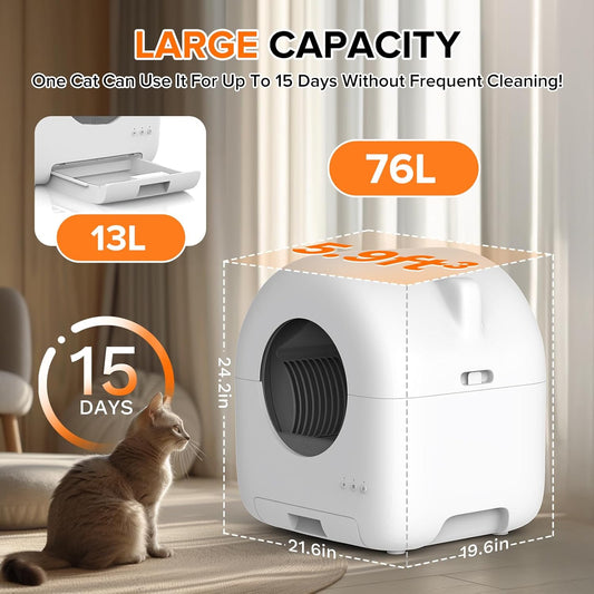 PetJoi Self Cleaning Litter Box, 76L Automatic Cat Litter Box Self Cleaning for Multiple Cats, APP Control Safe Low Noise with Roll Garbage Bags,Deodorizer and Cleaning Brush - PuriLite