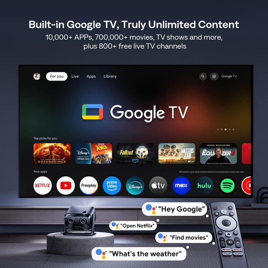 Aurzen Boom mini Google TV 4K Supported Smart Projector with WiFi and Bluetooth, Outdoor & Home Movie Projector with 20W Speakers DoIby Audio, Real-Time Focus & Keystone, 500 ANSI Lumens, Black - PuriLite