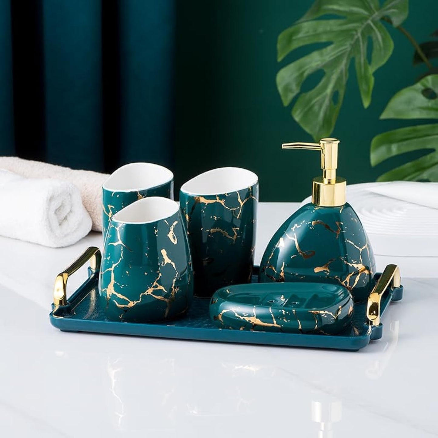White Bathroom Accessories Set,Modern Countertop Bathroom Decor,Luxury 6 Piece Bathroom Accessory Set,Complete with Soap Dispenser,Toothbrush Holder,Tumbler,Tray