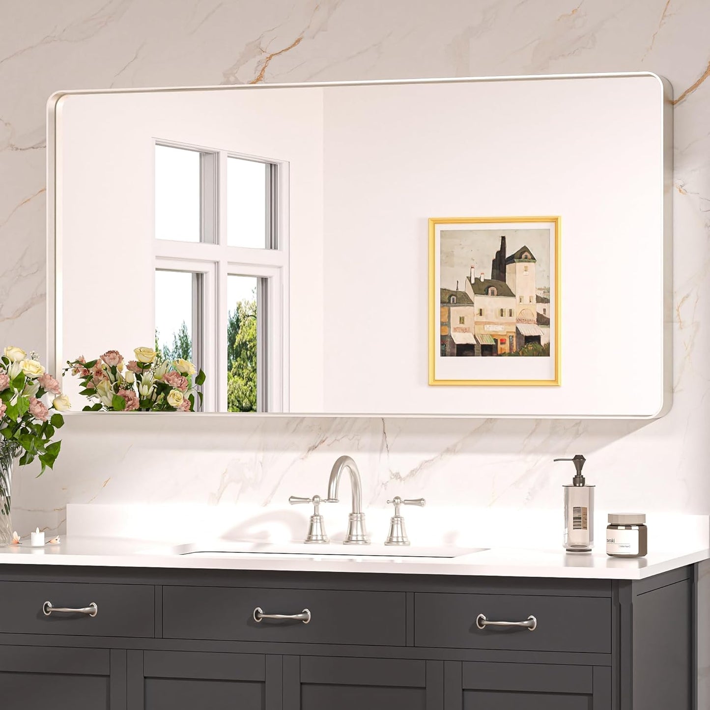 Keonjinn 42 x 36 Brushed Nickel Bathroom Vanity Mirror, Large Rounded Rectangle Bathroom Mirrors for over Sink, Metal Framed Silver Mirror for Wall, Shatterproof HD Tempered Glass(Horizontal/Vertical)