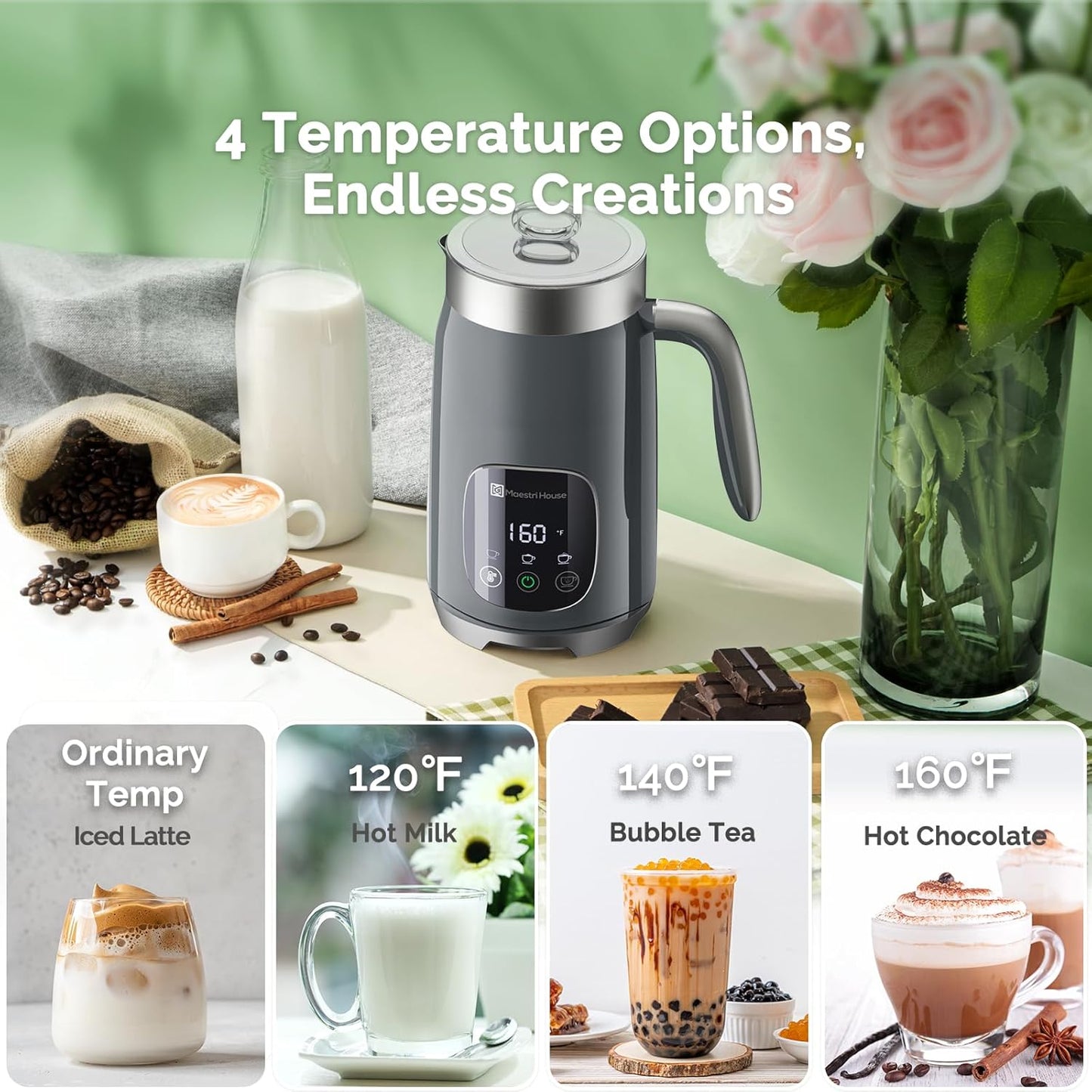Maestri House Milk Frother, Variable Temp and Froth Thickness Milk Frother and Steamer, 14.1OZ/400ML Smart Touch Control Foam Maker, Memory Function for Latte, Warm Milk, Hot Chocolate,DualFro 400