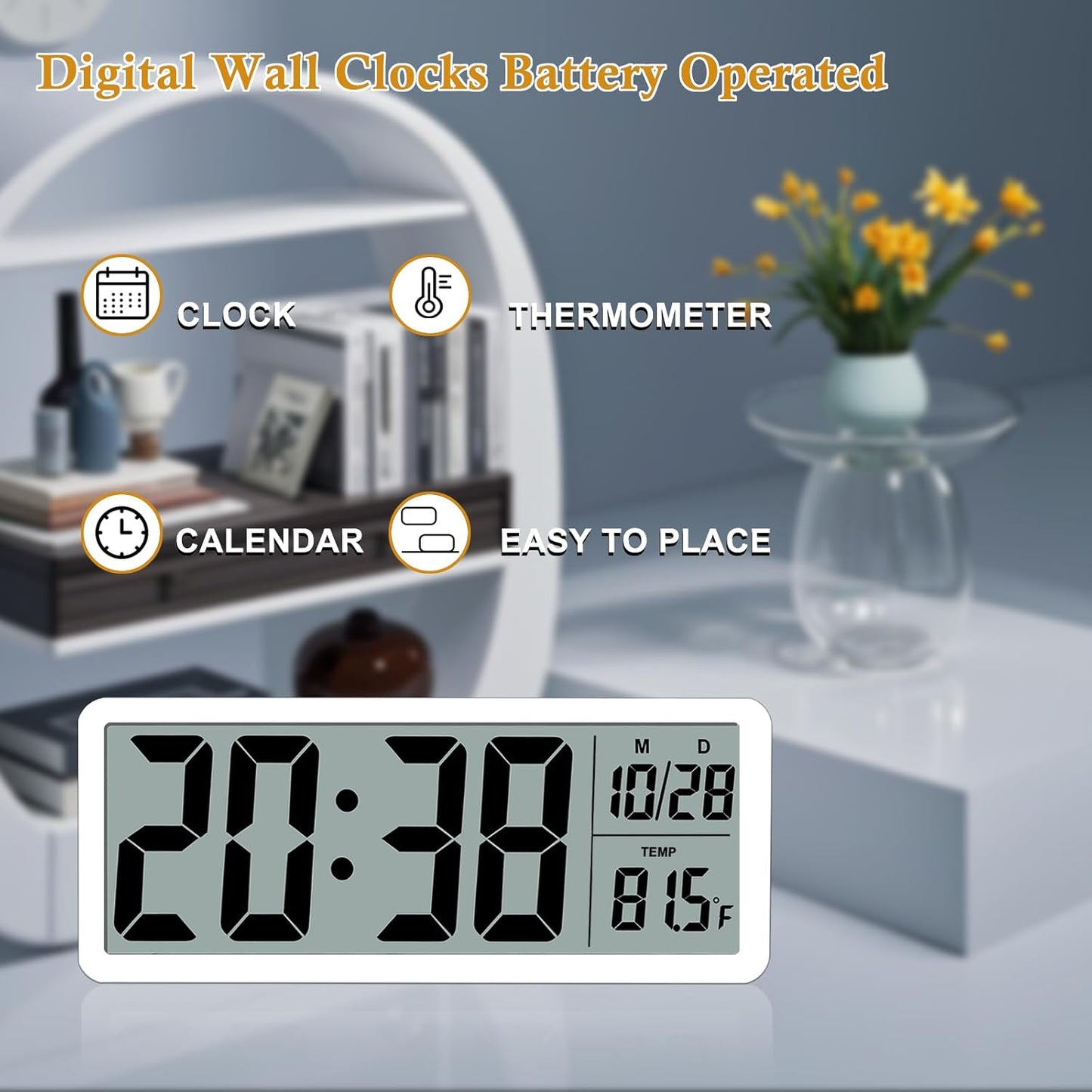 QINYUNE Digital LCD Wall Clock Easy to Set, 8.5 Inch LCD Screen with Time/Date/Temperature Display,Simple Digital Desk Clock with 12/24H for Bedroom Living Room Office