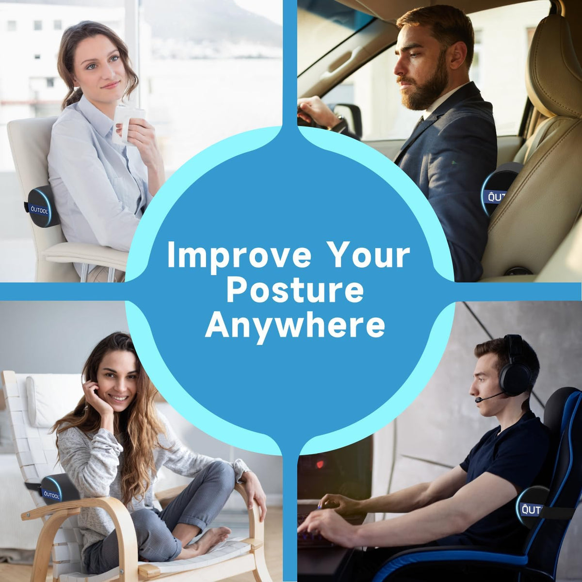 QUTOOL Lumbar Support Pillow for Office Chair – Lumbar Roll Cushion for Car Seat, Adjustable Strap, Soft Foam, Removable Washable Cover