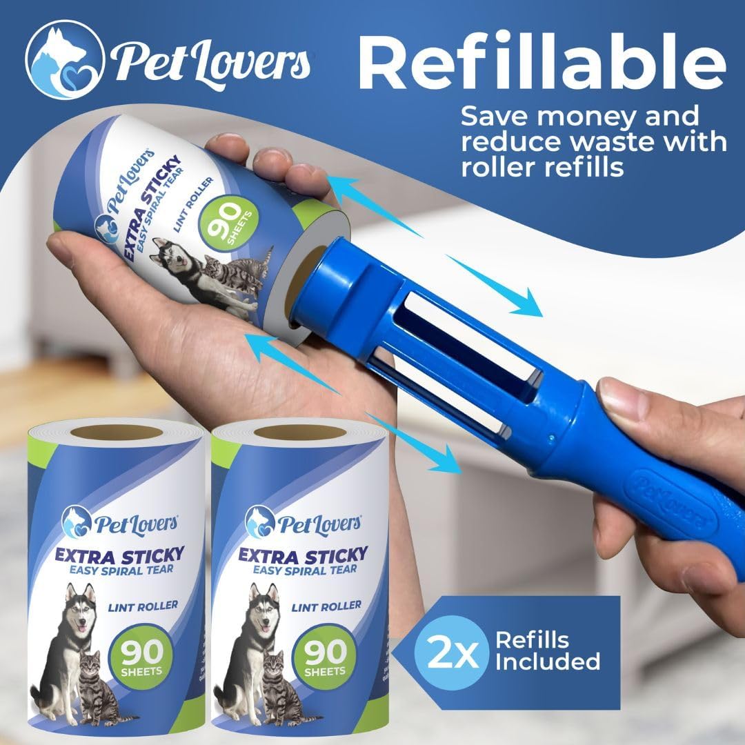 PetLovers Extra Sticky Lint Roller Mega Value Set for Pet Hair Removal, Dog and Cat Lint Remover (1 Pack Reusable)