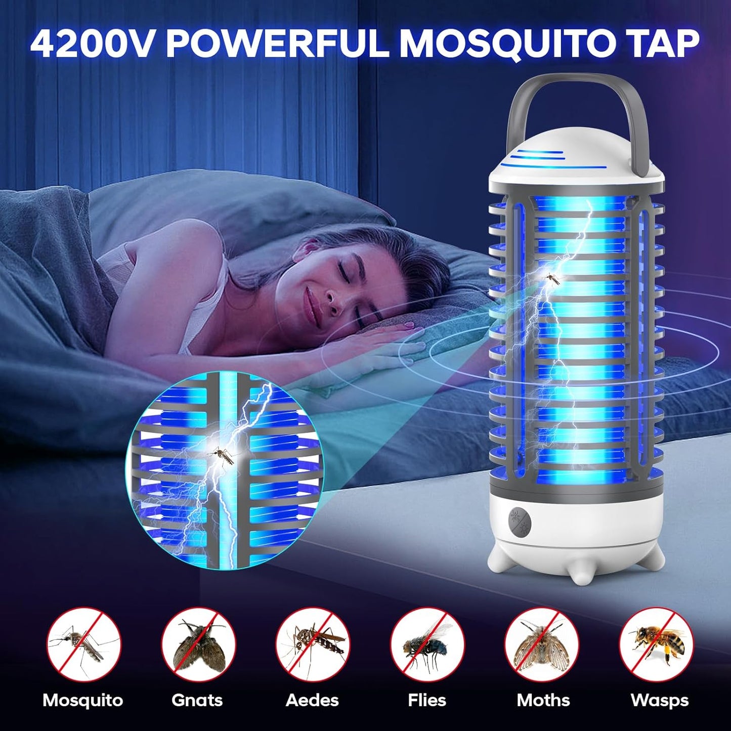Bug Zapper Outdoor, Rechargeable Mosquito Zapper Indoor with LED Light, Portable IP66 Waterproof 3600mAh Electric Fly Zapper with Hook for Home, Garden, Patio, Backyard - Black