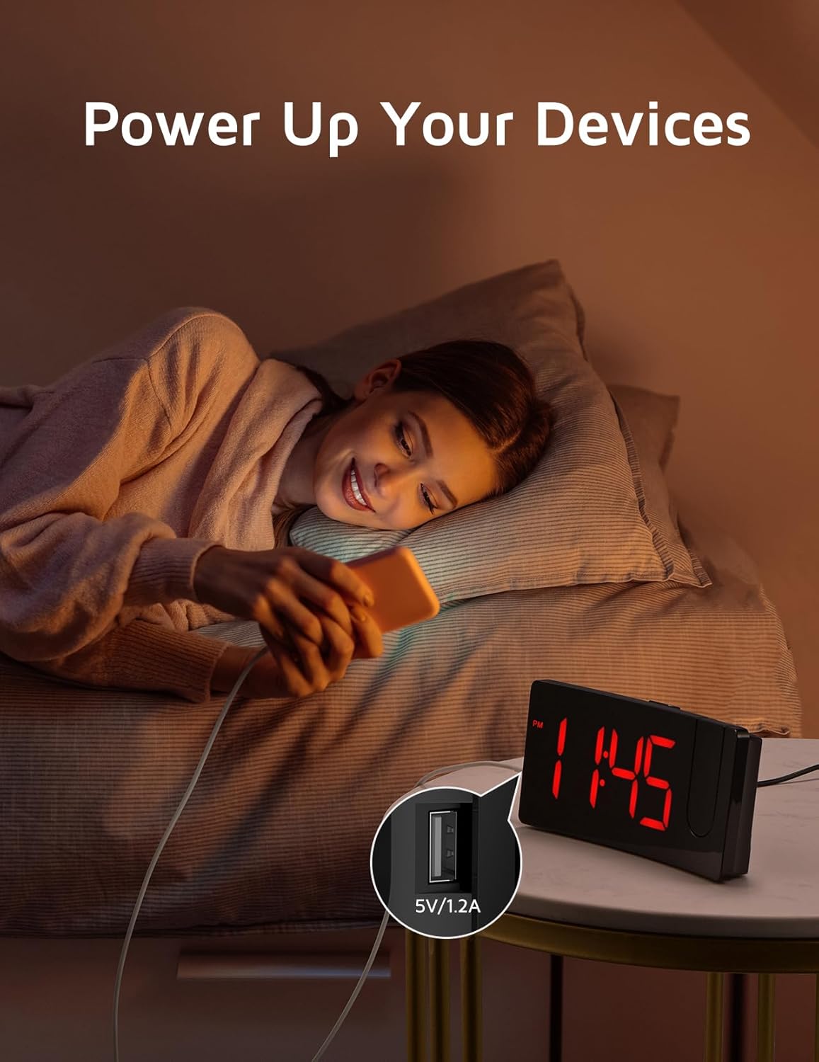 GOLOZA Projection Alarm Clock, Digital Clock with Modern Curved Design 180° Rotatable Projector, 3-Level Brightness Dimmer, Clear Blue LED Display, Progressive Volume, 9mins Snooze,12/24H, for Bedroom