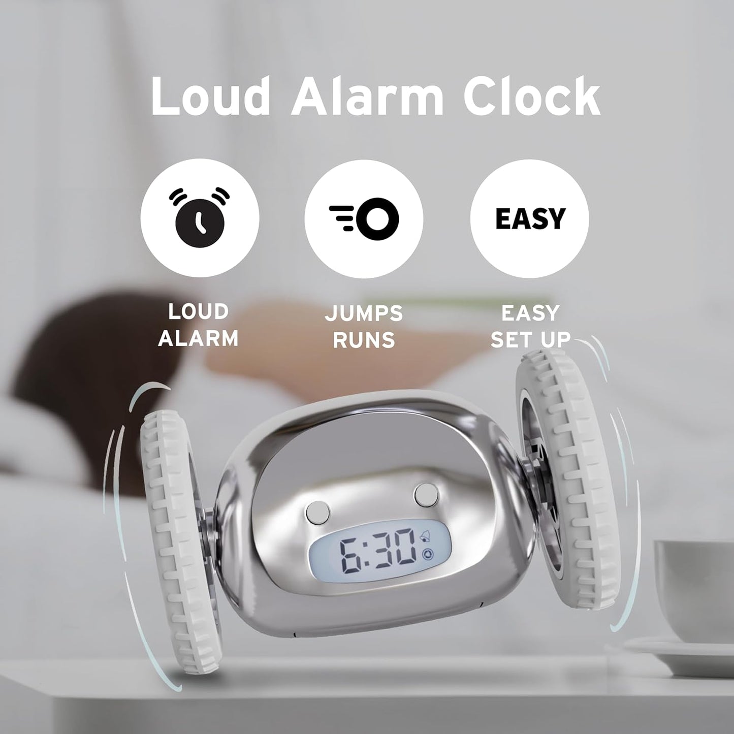 CLOCKY Extra Super Loud Alarm Clock for Heavy Sleepers Adults Kids Teens Bedroom, Move Jump Roll Run Away Easy to Set Smart Digital Alarm Clock Funny Gag Gift (Chrome)