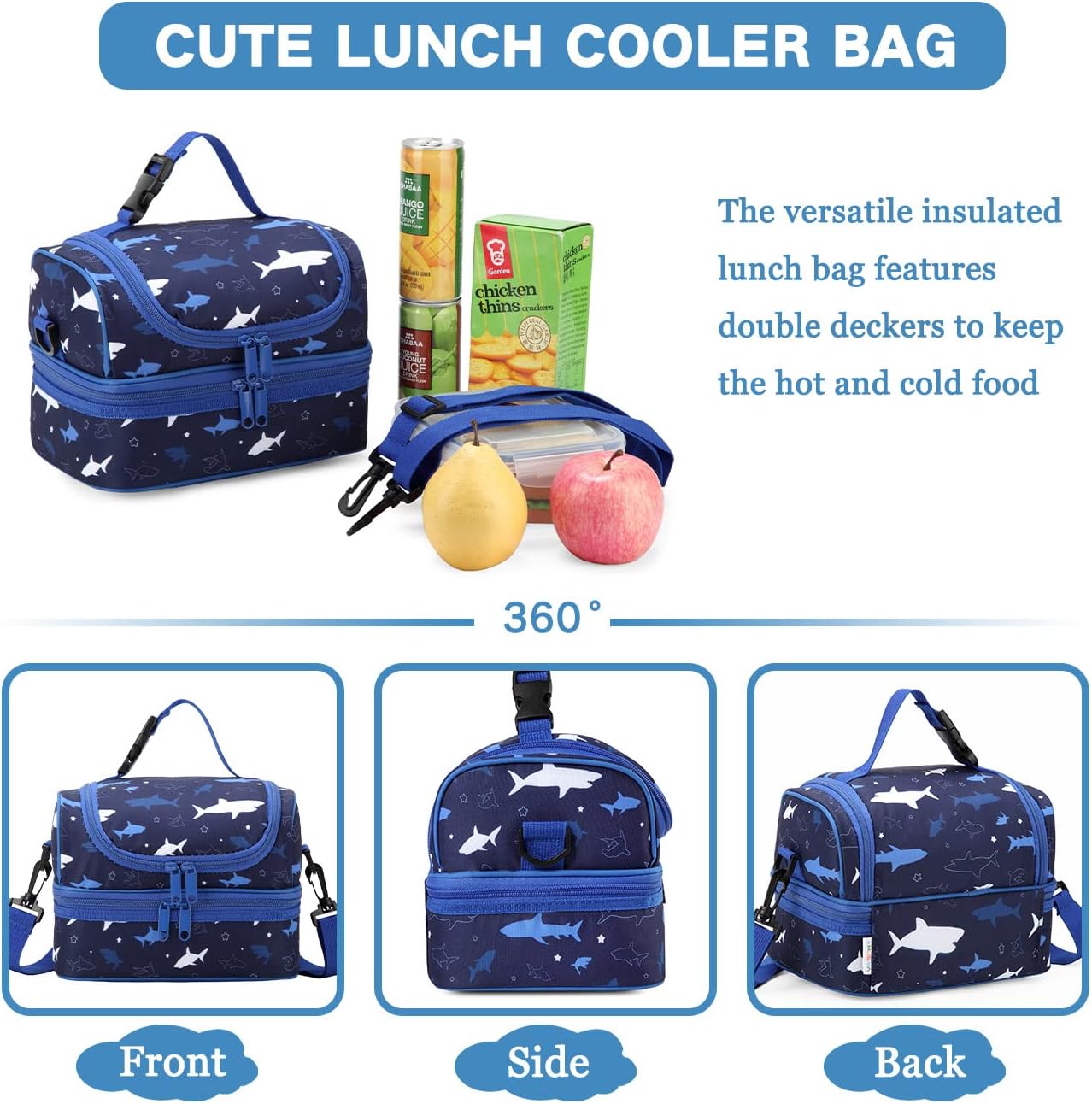VASCHY Lunch Box Bag Men, Insulated Two Compartments Bento Cooler Bags for Adults/Women/Kids for School,Daycare,Kindergarten,Picnic Black