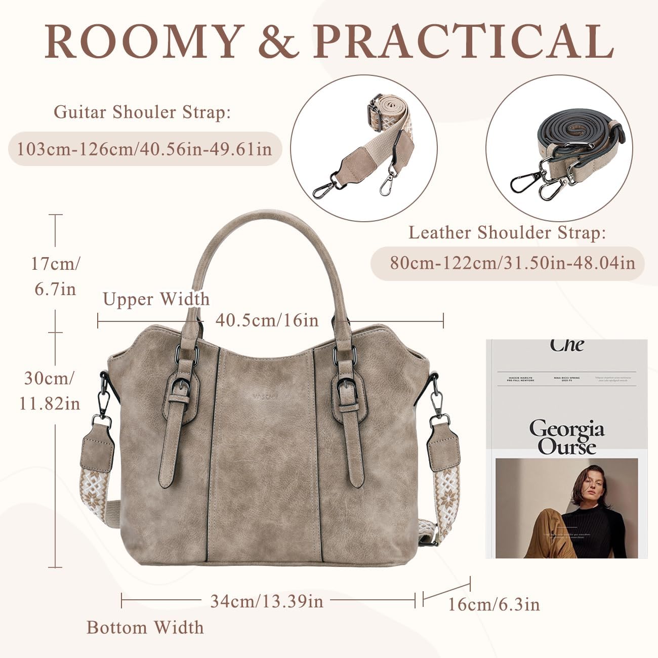 Hobo Bags for Women,VASCHY Vegan Leather Handbag Purse Top Handle Satchel Boho Shoulder Bag with Crossbody Guitar Strap