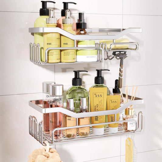 HapiRm Shower Caddy - Bathroom Organizers Adhesive Bathroom Shelf with Soap Holder Design and 11 Hooks, Rustproof & Waterproof Shower Shelves Made of SUS 304 Stainless Steel, Silver